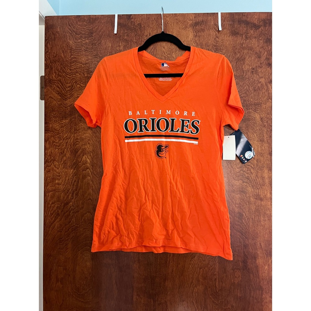 NWT MLB Baltimore Orioles T-Shirt Womens Small Orange V-Neck Graphic Tee T940